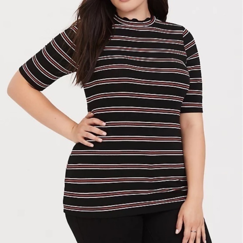 TORRID Black & Multi Stripe Ribbed Mock Neck Tee